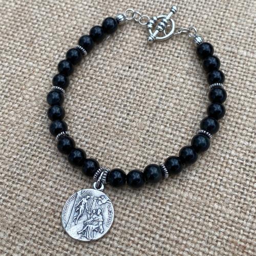 Sterling Silver St. Peregrine Laziosi Medal Charm, Black Obsidian Gemstone Bracelet, Patron Saint of Cancer, Saint Pellegrino St. Peregrinus