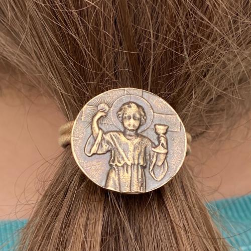 First Holy Communion Pony Tail Button and Elastics, Sterling Silver or Bronze, Antique Replica, 1st Communion Gift for a Girl, Gift Idea