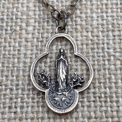 Bronze Our Lady of Lourdes Pendant Necklace, French Antique Replica, Mary Medal, Immaculate Conception, Saint Bernadette, Quatrefoil Shape