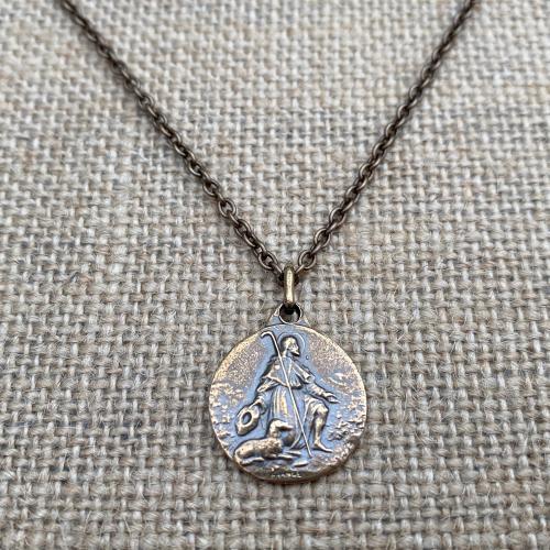 Bronze Antique Replica St. Saint Roch (St Rocco) Medal Pendant Necklace, Patron Saint of Epidemics, Saint of Dogs, Plague, Catholic Unisex