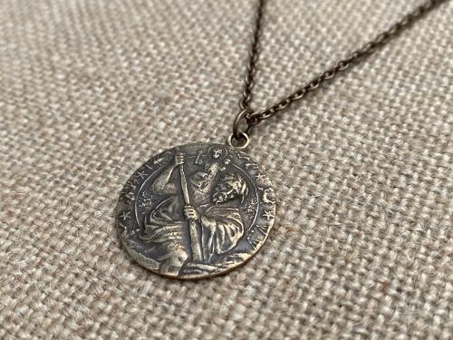 Bronze St. Saint Christopher Medal, Antique Replica, Pendant Necklace, Patron Saint of Travelers Traveling, Automobile, Confirmation Gift