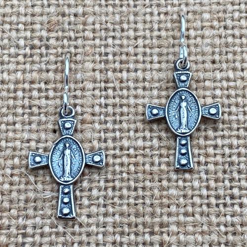 Sterling Silver Miraculous Medal Cross Earrings, Antique Replicas, French Hooks, Dangling Cross Earrings, Blessed Virgin Mary, Mother of God