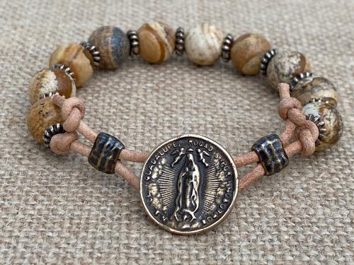 Bronze Our Lady of Guadalupe Bracelet, Leather Rosary Bracelet, Picture Jasper Gemstones, Antique Replica Medal, Nuestra Señora de Guadalupe