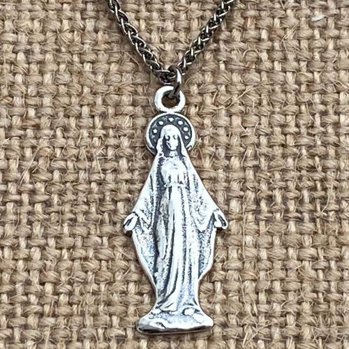 Sterling Silver Miraculous Medal Pendant Necklace, Antique Replica, Figural Blessed Virgin Mary Pendant, Our Lady of the Miracle Miracles