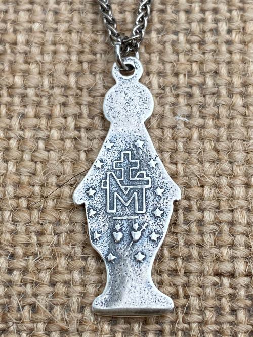 Sterling Silver Miraculous Medal Pendant Necklace, Antique Replica, Figural Blessed Virgin Mary Pendant, Our Lady of the Miracle Miracles