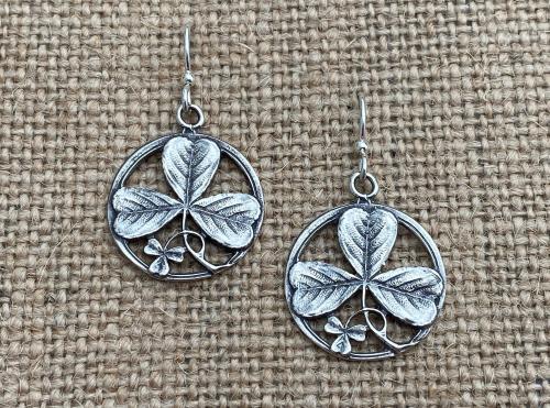 Sterling Silver Shamrock French Hook Earrings, Dangling Shamrock Earrings, Saint Patrick Earrings, Irish Catholic Earrings, Antique Replica