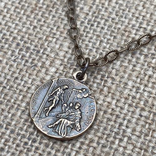 Bronze St. Peregrine Laziosi Medal Pendant Necklace, Patron Saint of Cancer, Saint Peregrinus, St Pellegrino, Delicate Textured Cable Chain