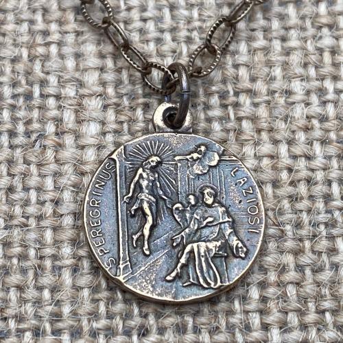 Bronze St. Peregrine Laziosi Medal Pendant Necklace, Patron Saint of Cancer, Saint Peregrinus, St Pellegrino, Delicate Textured Cable Chain