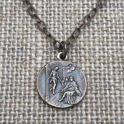 Bronze St. Peregrine Laziosi Medal Pendant Necklace, Patron Saint of Cancer, Saint Peregrinus, St Pellegrino, Delicate Textured Cable Chain