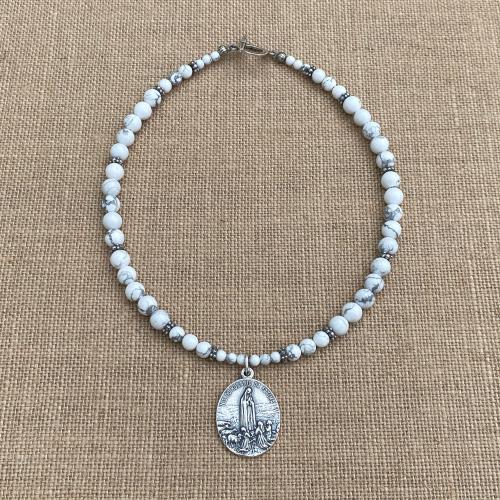 Sterling Silver Our Lady of Fatima Medal Pendant, Antique Replica, White Howlite Gemstone Necklace, Our Lady of the Rosary, Virgin Mary