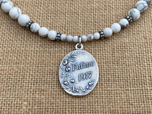 Sterling Silver Our Lady of Fatima Medal Pendant, Antique Replica, White Howlite Gemstone Necklace, Our Lady of the Rosary, Virgin Mary