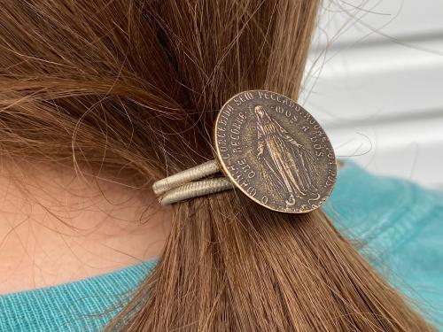 Bronze Miraculous Medal, Antique Replica, Pony Tail Button, Pony Tail Holder, Band, Elastics, Hair Accessory, Our Lady of the Miracle, Mary