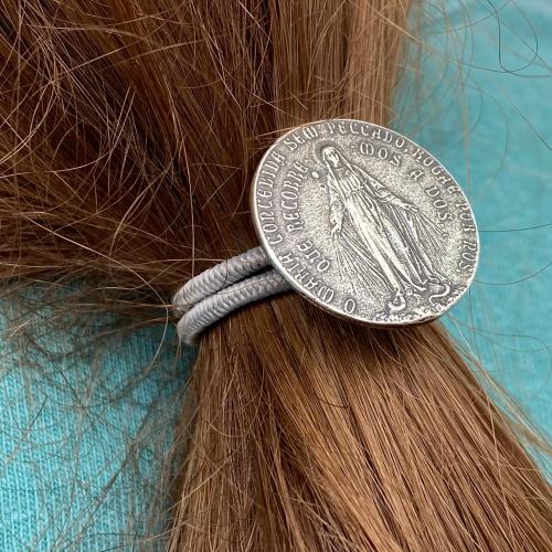 Miraculous Medal Pony Tail Button, Sterling Silver, Band Holder Elastics Marian Hair Accessory Blessed Virgin Mary Antique Replica, Portugal