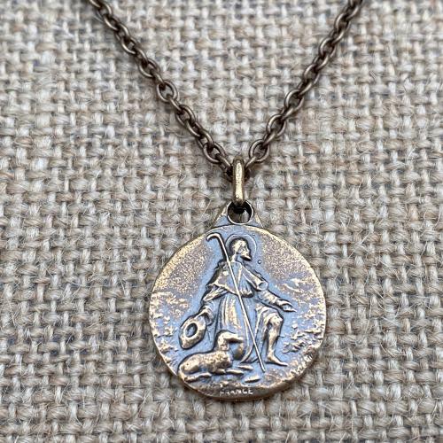 Bronze Antique Replica St. Saint Roch (St Rocco) Medal Pendant Necklace, Patron Saint of Epidemics, Saint of Dogs, Plague, Catholic Unisex