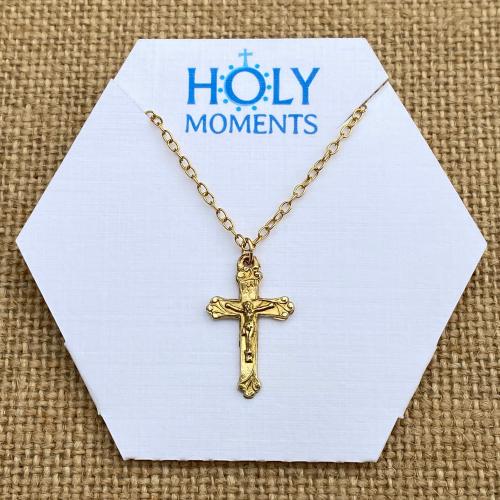 Gold Antique Replica Petite Crucifix and Cable Chain Necklace, Gold Cross Pendant, First Communion Gift, Confirmation Gift, Christening Gift