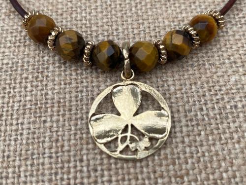 Gold Antique Replica St. Patrick Holy Trinity Shamrock & Yellow Tigereye Brown Leather Necklace Gold Bronze Irish Saint Catholic 18 inches