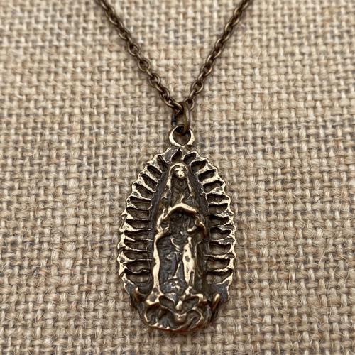 Bronze Antique Replica Our Lady of Guadalupe Pendant Necklace, Nuestra Señora de Guadalupe Necklace, Virgin of Guadalupe Medal, Virgin Mary