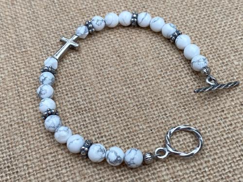 Sterling Silver Sideways Cross on a White Howlite Gemstone Beaded Bracelet, Antique Replica Cross & Textured Beads, Toggle Clasp Bracelet