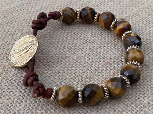 Gold Our Lady of Guadalupe Leather Bracelet, Yellow Tigereye Beads, Antique Replica Medal, Nuestra Señora de Guadalupe, Virgin of Guadalupe