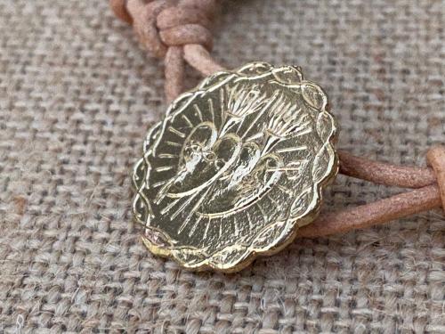 Gold Bracelet, Twin Hearts, Sacred Heart of Jesus, Immaculate Heart of Mary, Antique Replica Medal Button, Leather Bracelet, Picture Jasper