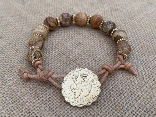 Gold Bracelet, Twin Hearts, Sacred Heart of Jesus, Immaculate Heart of Mary, Antique Replica Medal Button, Leather Bracelet, Picture Jasper
