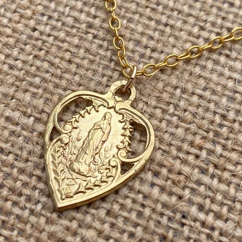 Gold Our Lady of Lourdes Heart Medal Pendant Necklace, Antique Replica of Lourdes Souvenir, Immaculate Conception, Blessed Virgin Mary Medal