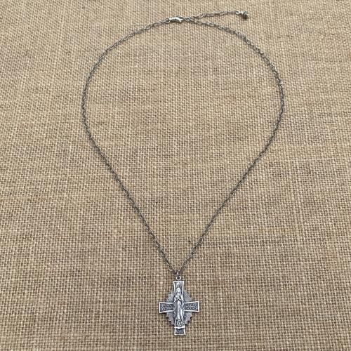 Sterling Silver Radiant Mary Cross Medal Pendant, Antique Replica, Adjustable Length Necklace, Blessed Virgin Mary, Our Lady of Guadalupe