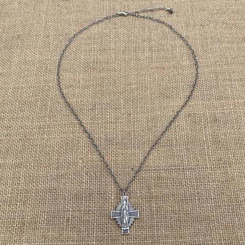 Sterling Silver Radiant Mary Cross Medal Pendant, Antique Replica, Adjustable Length Necklace, Blessed Virgin Mary, Our Lady of Guadalupe