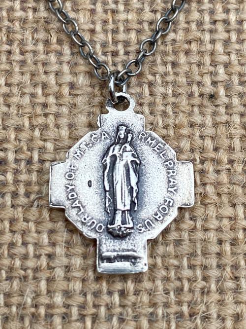 Sterling Silver Our Lady of Mount Carmel Medal Pendant Necklace, Antique Replica, Cross Pendant, Scapular Medal, Immaculate Heart of Mary