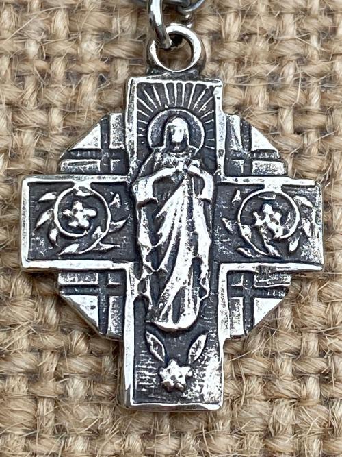 Sterling Silver Our Lady of Mount Carmel Medal Pendant Necklace, Antique Replica, Cross Pendant, Scapular Medal, Immaculate Heart of Mary