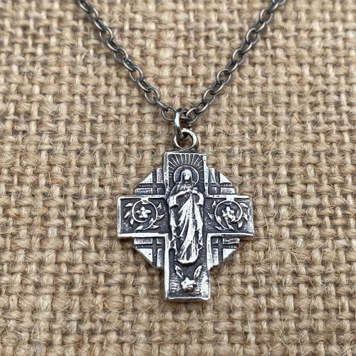 Sterling Silver Our Lady of Mount Carmel Medal Pendant Necklace, Antique Replica, Cross Pendant, Scapular Medal, Immaculate Heart of Mary