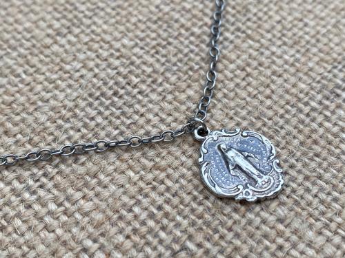 Sterling Silver Small Miraculous Medal, Antique Replica, Pendant Necklace, Blessed Virgin Mary, Our Lady of Lourdes, Our Lady Miracle, MM3