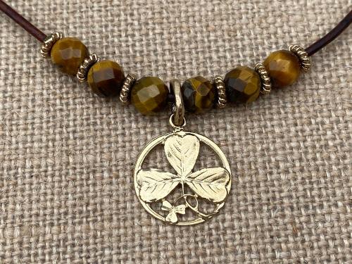 Gold Antique Replica St. Patrick Holy Trinity Shamrock & Yellow Tigereye Brown Leather Necklace Gold Bronze Irish Saint Catholic 18 inches