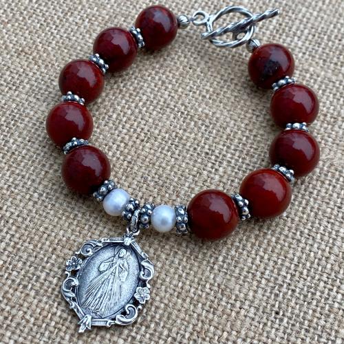 Sterling Silver Divine Mercy Chaplet Rosary Bracelet, Antique Replica, Divine Mercy Medal, St Faustina, Jasper Gemstones & Freshwater Pearls