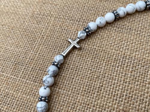 Sterling Silver Sideways Cross on a White Howlite Gemstone Beaded Bracelet, Antique Replica Cross & Textured Beads, Toggle Clasp Bracelet