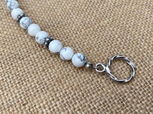 Sterling Silver Sideways Cross on a White Howlite Gemstone Beaded Bracelet, Antique Replica Cross & Textured Beads, Toggle Clasp Bracelet