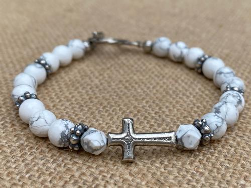 Sterling Silver Sideways Cross on a White Howlite Gemstone Beaded Bracelet, Antique Replica Cross & Textured Beads, Toggle Clasp Bracelet