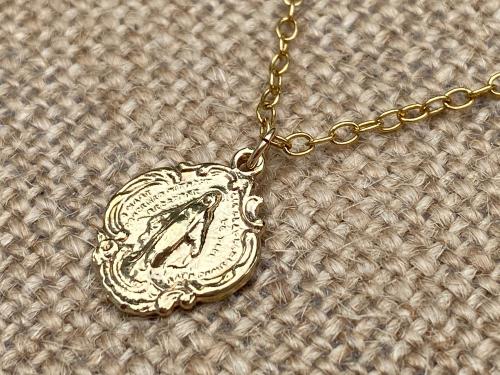 Gold Small Miraculous Medal, Antique Replica, Pendant Necklace, Blessed Virgin Mary, Our Lady of Lourdes, Petite Miraculous Pendant, MM3