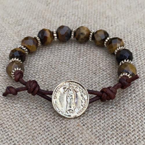 Gold Our Lady of Guadalupe Leather Bracelet, Yellow Tigereye Beads, Antique Replica Medal, Nuestra Señora de Guadalupe, Virgin of Guadalupe