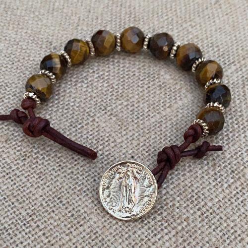 Gold Our Lady of Guadalupe Leather Bracelet, Yellow Tigereye Beads, Antique Replica Medal, Nuestra Señora de Guadalupe, Virgin of Guadalupe