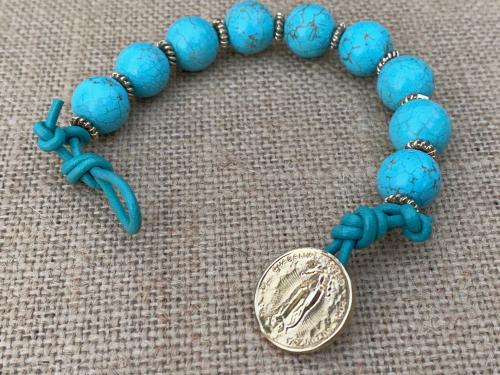 Our Lady of Guadalupe Gold & Leather Bracelet with Turquoise Howlite Gemstones and Button Closure Mexico Marian Antique Replica Mary Bronze