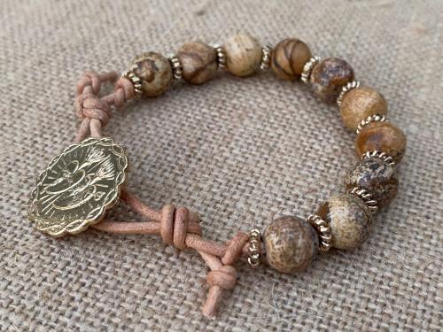 Gold Bracelet, Twin Hearts, Sacred Heart of Jesus, Immaculate Heart of Mary, Antique Replica Medal Button, Leather Bracelet, Picture Jasper