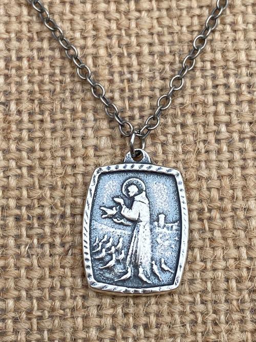 St. Francis of Assisi Sterling Silver Blessing Prayer Medal Pendant Necklace, Saint Catholic Italian, Antique Replica, Lord Bless You Keep