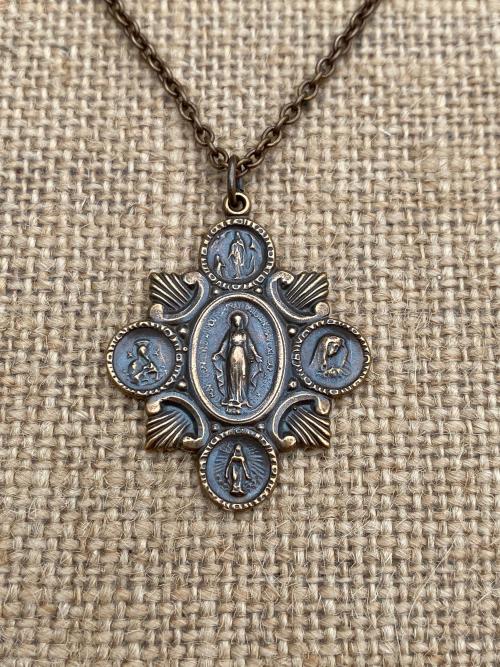 Rare Bronze Marian Devotions Miraculous Medal, Pendant Necklace, Antique Replica, Our Lady of Lourdes, Bronze 19th Anniversary Gift for Wife