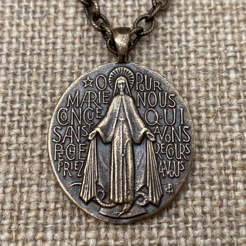 Bronze Large French Miraculous Medal Pendant, Antique Replica, Immaculate Conception Necklace, Our Lady of Miracles Medallion, MM1
