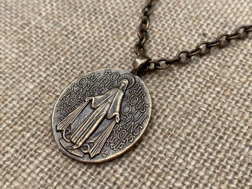 Bronze Large French Miraculous Medal Pendant, Antique Replica, Immaculate Conception Necklace, Our Lady of Miracles Medallion, MM1