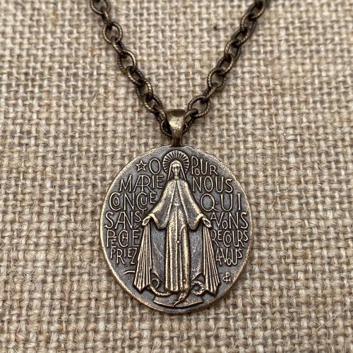 Bronze Large French Miraculous Medal Pendant, Antique Replica, Immaculate Conception Necklace, Our Lady of Miracles Medallion, MM1