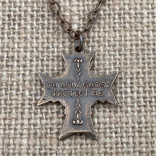 Bronze Holy Spirit Dove Cross Medal Pendant Necklace, Antique Replica, Cross with a Holy Spirit Dove at the center, Descending Dove Necklace