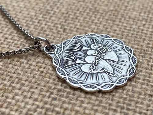 Sterling Silver Antique Replica Sacred Heart of Jesus and Immaculate Heart of Mary Twin Hearts Medal Necklace 18 Inches Lima Marian Mary