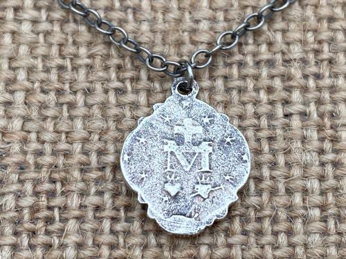 Sterling Silver Small Miraculous Medal, Antique Replica, Pendant Necklace, Blessed Virgin Mary, Our Lady of Lourdes, Our Lady Miracle, MM3